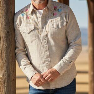 VTG SEARS Western Pearl Snap Shirt Chainstitch Flower Sz S 14/14.5 Beige #204B